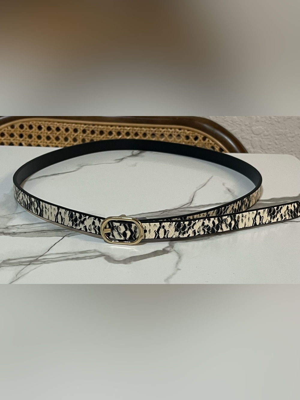 Gold-Buckle Black & White Snake Print thin Women's Belt